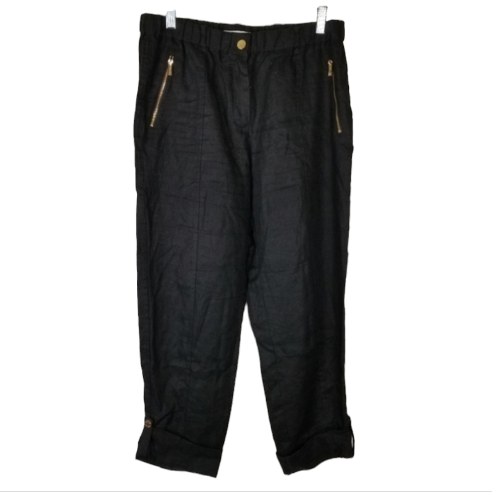 Calvin Klein Womens Black Linen Roll Tab Cuff Pants Size Small Elastic Waist Zip